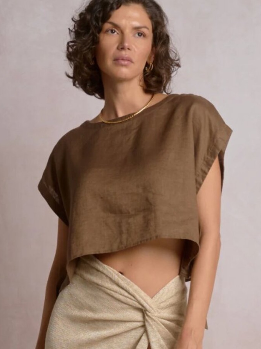 Elan Chocolate Brown Crop Tie Top